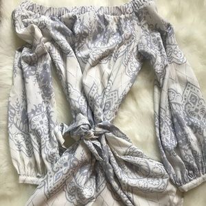 White and purplish/grey print dress